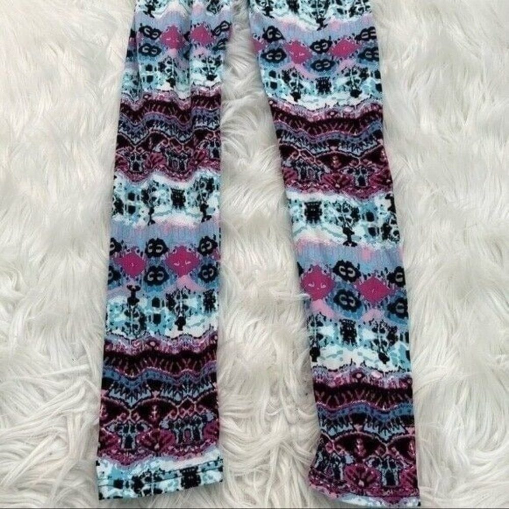 Shosho Women's Juniors One Size Leggings Black Pink Blue White Geometric Stretch - Picture 8 of 10